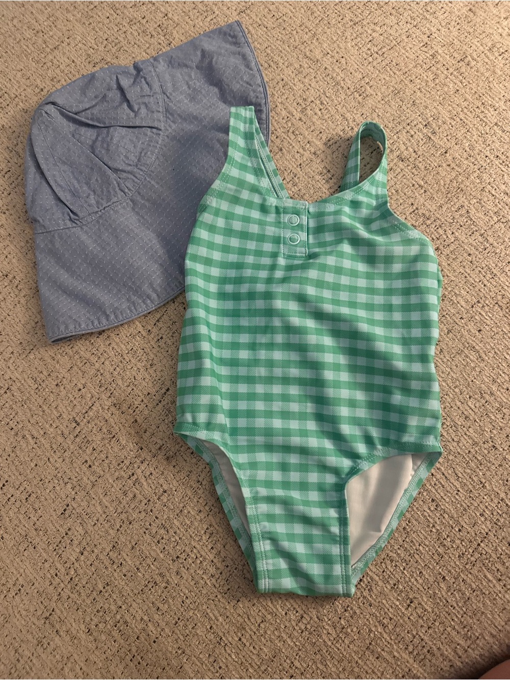Old Navy Green Gingham Kids One-Piece Swimsuit with Sun Hat